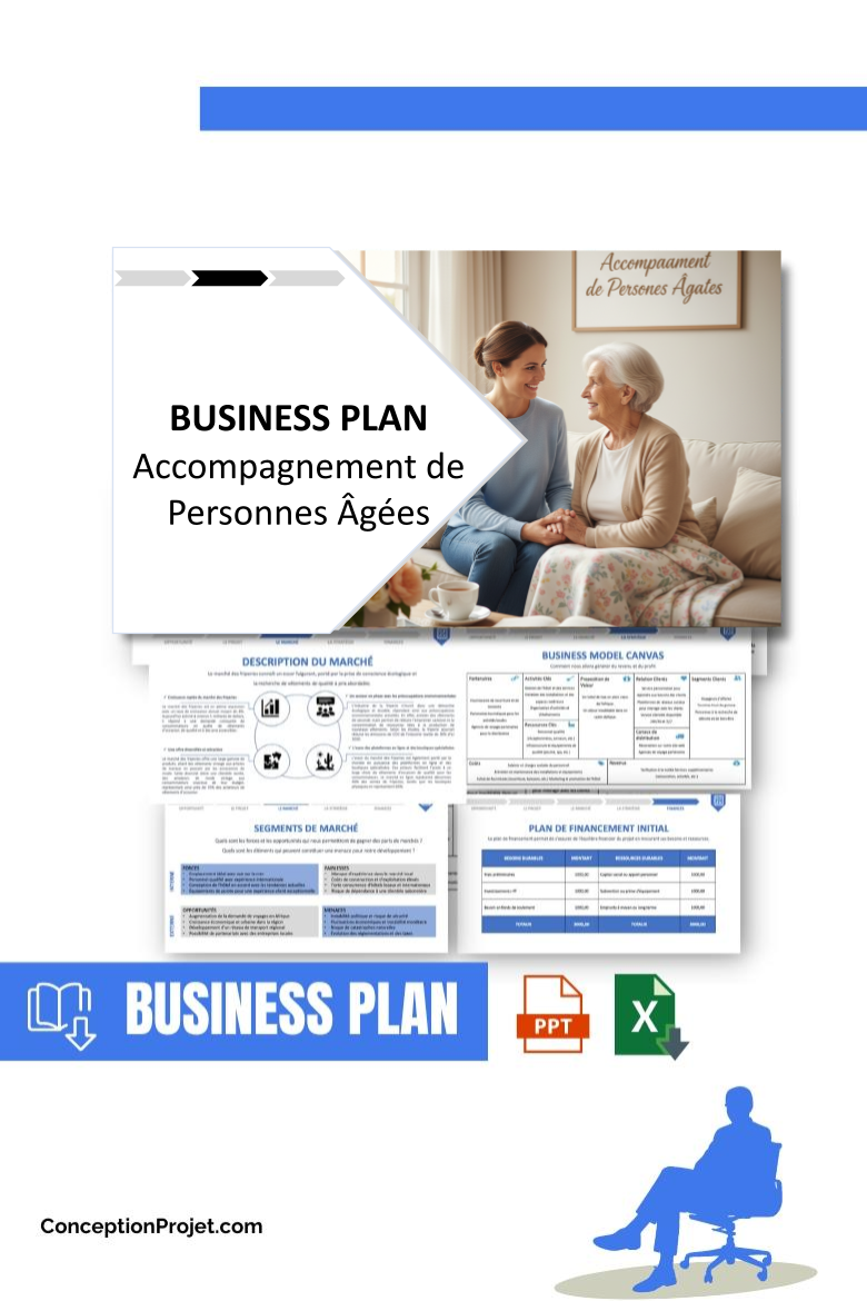 Pack Business Plan pour Accompagnement de Personnes Âgées - Modèle de business plan professionnel pour Accompagnement de Personnes Âgées, spécialement conçu pour les entrepreneurs, incluant un prévisionnel financier 100% automatisé, une stratégie marketing intégrée, ainsi qu’une analyse complète (SWOT, Business Model Canvas, étude de marché et analyse des risques). Ce document au design moderne et entièrement personnalisable sous Word est structuré pour répondre aux exigences des banques et des investisseurs, tout en permettant un gain de temps considérable grâce à son contenu pré-rédigé.