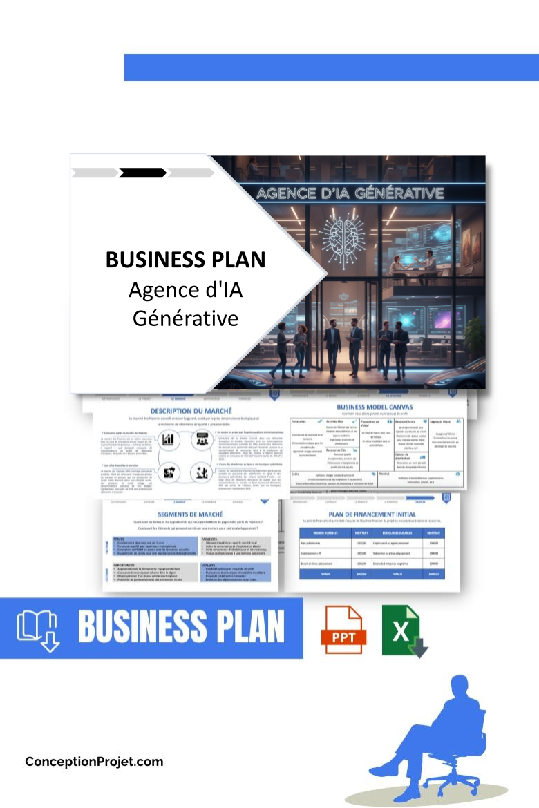 Pack Business Plan pour Agence d'IA Générative - Modèle de business plan professionnel pour Agence d'IA Générative, spécialement conçu pour les entrepreneurs, incluant un prévisionnel financier 100% automatisé, une stratégie marketing intégrée, ainsi qu’une analyse complète (SWOT, Business Model Canvas, étude de marché et analyse des risques). Ce document au design moderne et entièrement personnalisable sous Word est structuré pour répondre aux exigences des banques et des investisseurs, tout en permettant un gain de temps considérable grâce à son contenu pré-rédigé.
