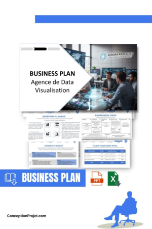 Pack Business Plan pour Agence de Data Visualisation - Modèle de business plan professionnel pour Agence de Data Visualisation, spécialement conçu pour les entrepreneurs, incluant un prévisionnel financier 100% automatisé, une stratégie marketing intégrée, ainsi qu’une analyse complète (SWOT, Business Model Canvas, étude de marché et analyse des risques). Ce document au design moderne et entièrement personnalisable sous Word est structuré pour répondre aux exigences des banques et des investisseurs, tout en permettant un gain de temps considérable grâce à son contenu pré-rédigé.