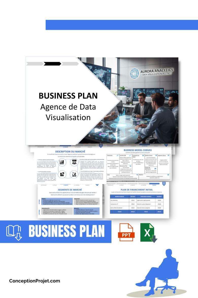Pack Business Plan pour Agence de Data Visualisation - Modèle de business plan professionnel pour Agence de Data Visualisation, spécialement conçu pour les entrepreneurs, incluant un prévisionnel financier 100% automatisé, une stratégie marketing intégrée, ainsi qu’une analyse complète (SWOT, Business Model Canvas, étude de marché et analyse des risques). Ce document au design moderne et entièrement personnalisable sous Word est structuré pour répondre aux exigences des banques et des investisseurs, tout en permettant un gain de temps considérable grâce à son contenu pré-rédigé.
