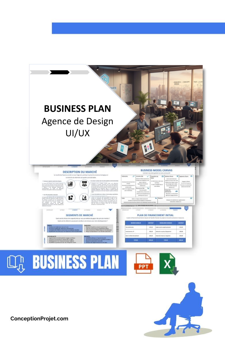 Pack Business Plan pour Agence de Design UI/UX - Modèle de business plan professionnel pour Agence de Design UI/UX, spécialement conçu pour les entrepreneurs, incluant un prévisionnel financier 100% automatisé, une stratégie marketing intégrée, ainsi qu’une analyse complète (SWOT, Business Model Canvas, étude de marché et analyse des risques). Ce document au design moderne et entièrement personnalisable sous Word est structuré pour répondre aux exigences des banques et des investisseurs, tout en permettant un gain de temps considérable grâce à son contenu pré-rédigé.