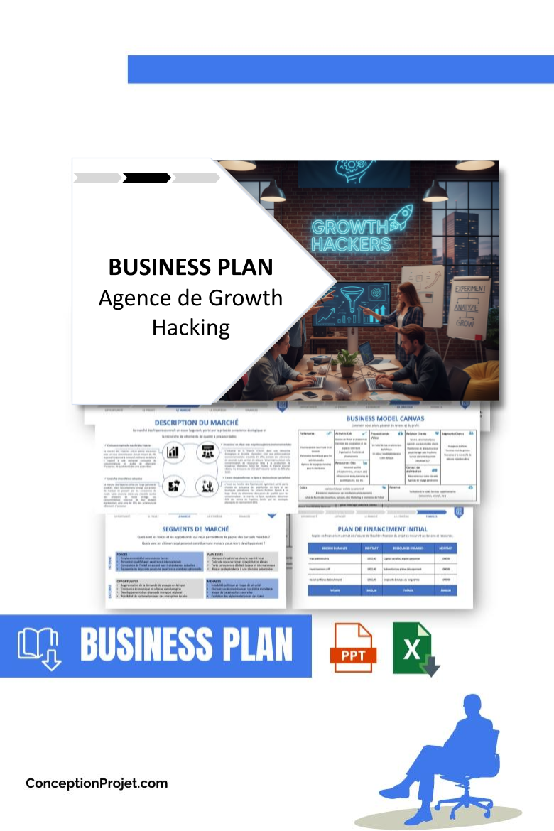 Pack Business Plan pour Agence de Growth Hacking - Modèle de business plan professionnel pour Agence de Growth Hacking, spécialement conçu pour les entrepreneurs, incluant un prévisionnel financier 100% automatisé, une stratégie marketing intégrée, ainsi qu’une analyse complète (SWOT, Business Model Canvas, étude de marché et analyse des risques). Ce document au design moderne et entièrement personnalisable sous Word est structuré pour répondre aux exigences des banques et des investisseurs, tout en permettant un gain de temps considérable grâce à son contenu pré-rédigé.