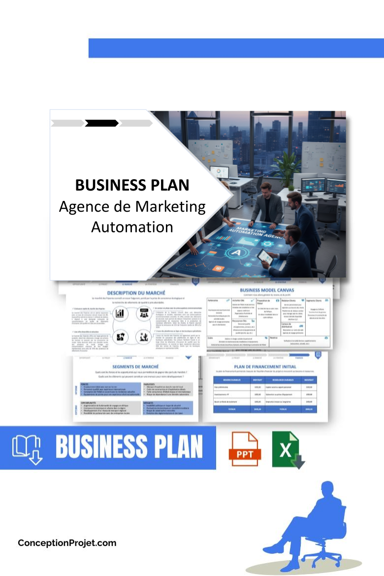 Pack Business Plan pour Agence de Marketing Automation - Modèle de business plan professionnel pour Agence de Marketing Automation, spécialement conçu pour les entrepreneurs, incluant un prévisionnel financier 100% automatisé, une stratégie marketing intégrée, ainsi qu’une analyse complète (SWOT, Business Model Canvas, étude de marché et analyse des risques). Ce document au design moderne et entièrement personnalisable sous Word est structuré pour répondre aux exigences des banques et des investisseurs, tout en permettant un gain de temps considérable grâce à son contenu pré-rédigé.