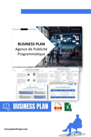 Pack Business Plan pour Agence de Publicité Programmatique - Modèle de business plan professionnel pour Agence de Publicité Programmatique, spécialement conçu pour les entrepreneurs, incluant un prévisionnel financier 100% automatisé, une stratégie marketing intégrée, ainsi qu’une analyse complète (SWOT, Business Model Canvas, étude de marché et analyse des risques). Ce document au design moderne et entièrement personnalisable sous Word est structuré pour répondre aux exigences des banques et des investisseurs, tout en permettant un gain de temps considérable grâce à son contenu pré-rédigé.