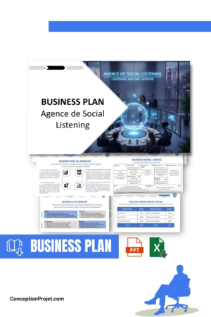 Pack Business Plan pour Agence de Social Listening - Modèle de business plan professionnel pour Agence de Social Listening, spécialement conçu pour les entrepreneurs, incluant un prévisionnel financier 100% automatisé, une stratégie marketing intégrée, ainsi qu’une analyse complète (SWOT, Business Model Canvas, étude de marché et analyse des risques). Ce document au design moderne et entièrement personnalisable sous Word est structuré pour répondre aux exigences des banques et des investisseurs, tout en permettant un gain de temps considérable grâce à son contenu pré-rédigé.