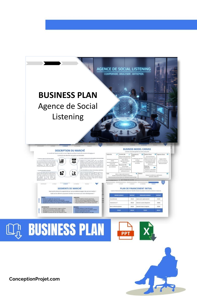 Pack Business Plan pour Agence de Social Listening - Modèle de business plan professionnel pour Agence de Social Listening, spécialement conçu pour les entrepreneurs, incluant un prévisionnel financier 100% automatisé, une stratégie marketing intégrée, ainsi qu’une analyse complète (SWOT, Business Model Canvas, étude de marché et analyse des risques). Ce document au design moderne et entièrement personnalisable sous Word est structuré pour répondre aux exigences des banques et des investisseurs, tout en permettant un gain de temps considérable grâce à son contenu pré-rédigé.