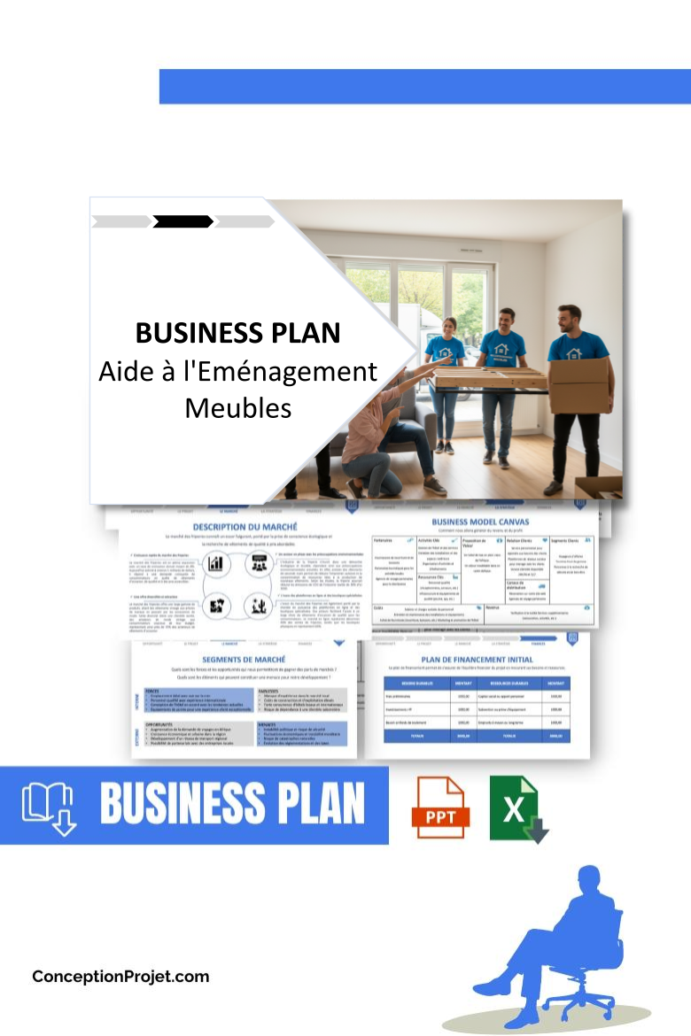 Pack Business Plan pour Aide à l'Eménagement Meubles - Modèle de business plan professionnel pour Aide à l'Eménagement Meubles, spécialement conçu pour les entrepreneurs, incluant un prévisionnel financier 100% automatisé, une stratégie marketing intégrée, ainsi qu’une analyse complète (SWOT, Business Model Canvas, étude de marché et analyse des risques). Ce document au design moderne et entièrement personnalisable sous Word est structuré pour répondre aux exigences des banques et des investisseurs, tout en permettant un gain de temps considérable grâce à son contenu pré-rédigé.