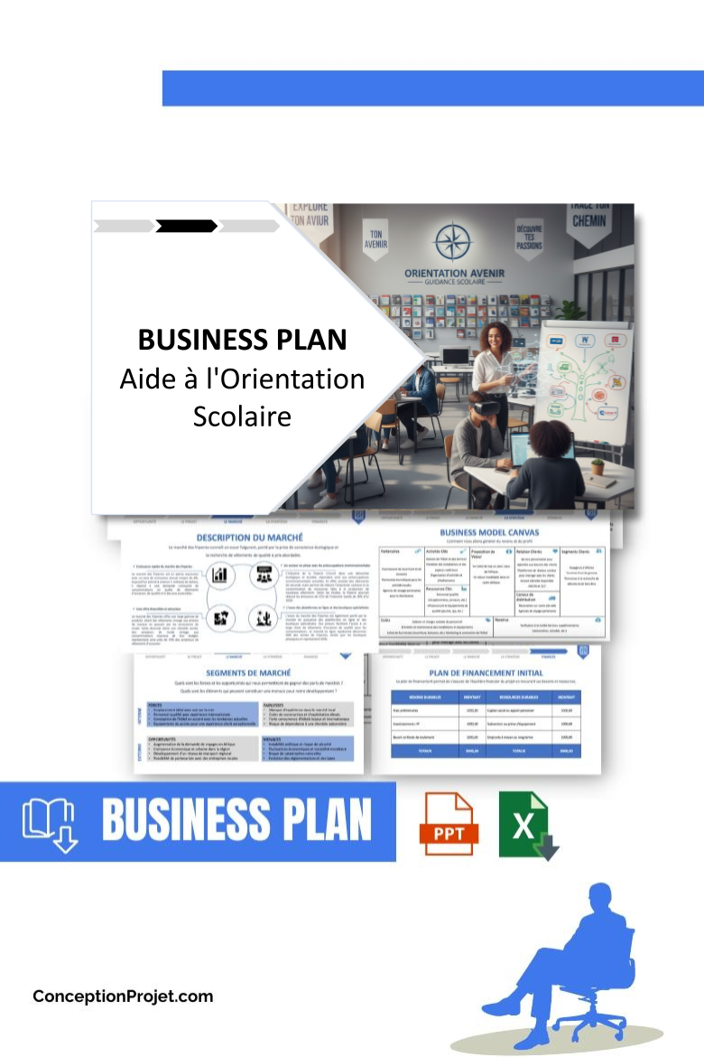 Pack Business Plan pour Aide à l'Orientation Scolaire - Modèle de business plan professionnel pour Aide à l'Orientation Scolaire, spécialement conçu pour les entrepreneurs, incluant un prévisionnel financier 100% automatisé, une stratégie marketing intégrée, ainsi qu’une analyse complète (SWOT, Business Model Canvas, étude de marché et analyse des risques). Ce document au design moderne et entièrement personnalisable sous Word est structuré pour répondre aux exigences des banques et des investisseurs, tout en permettant un gain de temps considérable grâce à son contenu pré-rédigé.