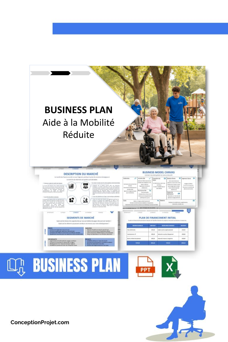 Pack Business Plan pour Aide à la Mobilité Réduite - Modèle de business plan professionnel pour Aide à la Mobilité Réduite, spécialement conçu pour les entrepreneurs, incluant un prévisionnel financier 100% automatisé, une stratégie marketing intégrée, ainsi qu’une analyse complète (SWOT, Business Model Canvas, étude de marché et analyse des risques). Ce document au design moderne et entièrement personnalisable sous Word est structuré pour répondre aux exigences des banques et des investisseurs, tout en permettant un gain de temps considérable grâce à son contenu pré-rédigé.