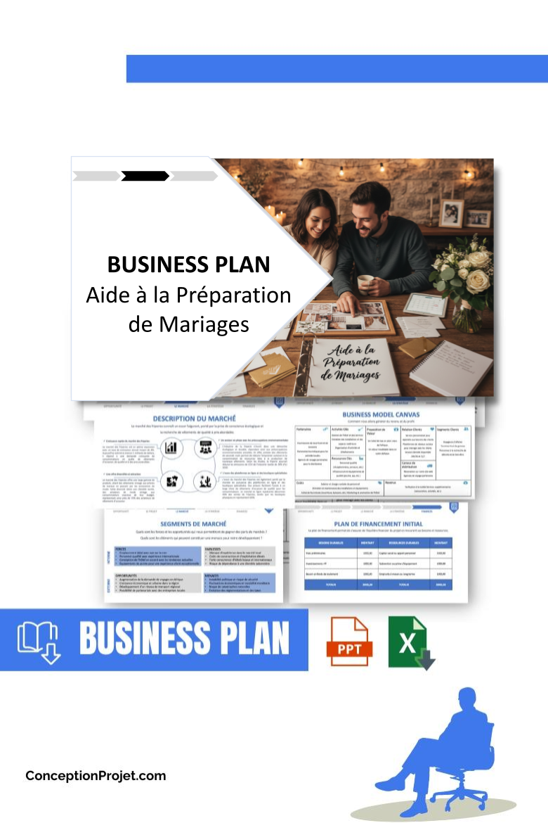 Pack Business Plan pour Aide à la Préparation de Mariages - Modèle de business plan professionnel pour Aide à la Préparation de Mariages, spécialement conçu pour les entrepreneurs, incluant un prévisionnel financier 100% automatisé, une stratégie marketing intégrée, ainsi qu’une analyse complète (SWOT, Business Model Canvas, étude de marché et analyse des risques). Ce document au design moderne et entièrement personnalisable sous Word est structuré pour répondre aux exigences des banques et des investisseurs, tout en permettant un gain de temps considérable grâce à son contenu pré-rédigé.