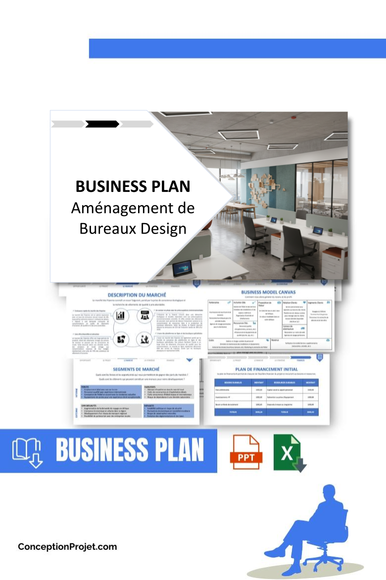 Pack Business Plan pour Aménagement de Bureaux Design - Modèle de business plan professionnel pour Aménagement de Bureaux Design, spécialement conçu pour les entrepreneurs, incluant un prévisionnel financier 100% automatisé, une stratégie marketing intégrée, ainsi qu’une analyse complète (SWOT, Business Model Canvas, étude de marché et analyse des risques). Ce document au design moderne et entièrement personnalisable sous Word est structuré pour répondre aux exigences des banques et des investisseurs, tout en permettant un gain de temps considérable grâce à son contenu pré-rédigé.