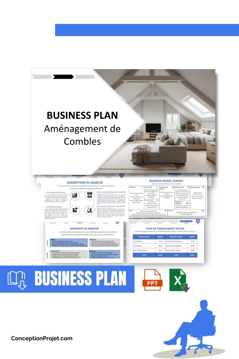 Pack Business Plan pour Aménagement de Combles - Modèle de business plan professionnel pour Aménagement de Combles, spécialement conçu pour les entrepreneurs, incluant un prévisionnel financier 100% automatisé, une stratégie marketing intégrée, ainsi qu’une analyse complète (SWOT, Business Model Canvas, étude de marché et analyse des risques). Ce document au design moderne et entièrement personnalisable sous Word est structuré pour répondre aux exigences des banques et des investisseurs, tout en permettant un gain de temps considérable grâce à son contenu pré-rédigé.