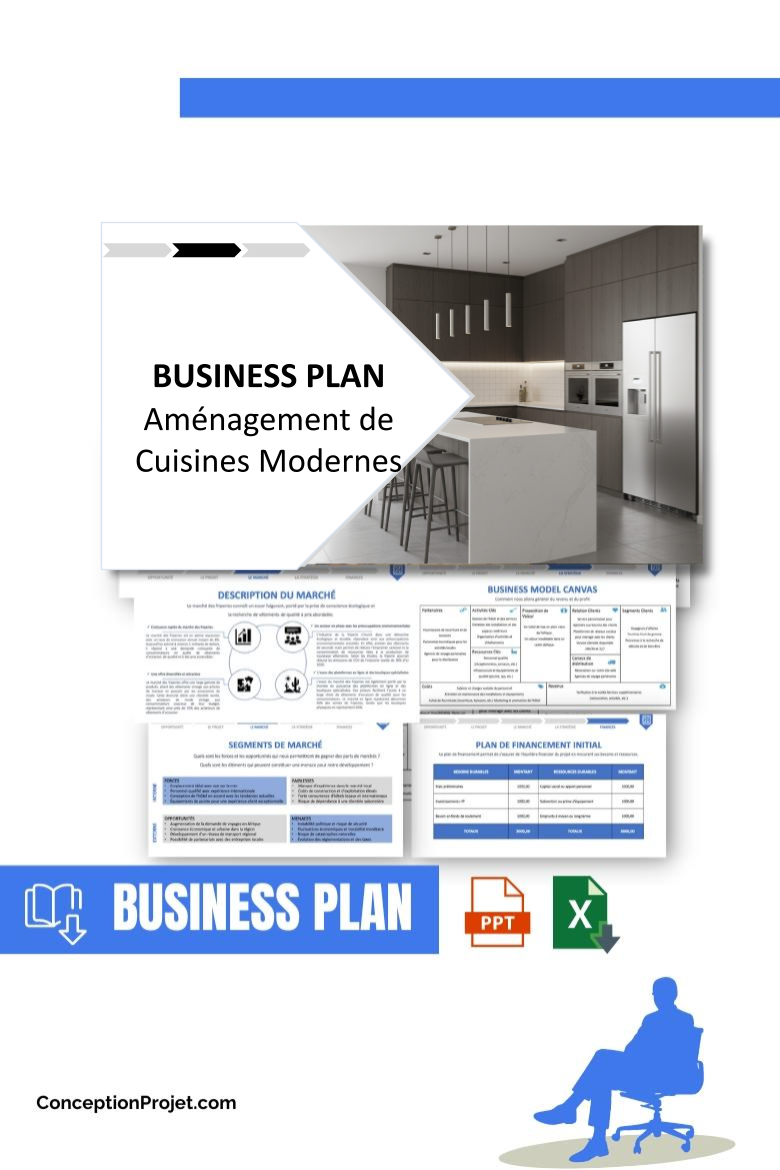 Pack Business Plan pour Aménagement de Cuisines Modernes - Modèle de business plan professionnel pour Aménagement de Cuisines Modernes, spécialement conçu pour les entrepreneurs, incluant un prévisionnel financier 100% automatisé, une stratégie marketing intégrée, ainsi qu’une analyse complète (SWOT, Business Model Canvas, étude de marché et analyse des risques). Ce document au design moderne et entièrement personnalisable sous Word est structuré pour répondre aux exigences des banques et des investisseurs, tout en permettant un gain de temps considérable grâce à son contenu pré-rédigé.