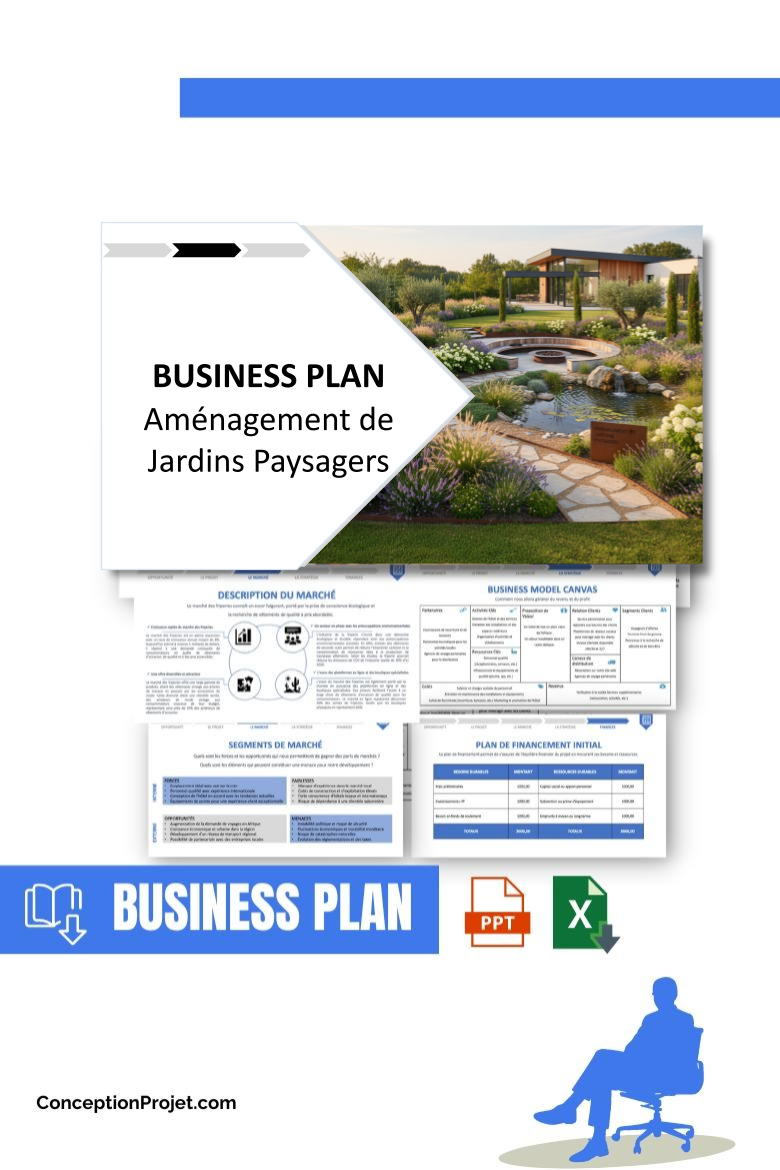 Pack Business Plan pour Aménagement de Jardins Paysagers - Modèle de business plan professionnel pour Aménagement de Jardins Paysagers, spécialement conçu pour les entrepreneurs, incluant un prévisionnel financier 100% automatisé, une stratégie marketing intégrée, ainsi qu’une analyse complète (SWOT, Business Model Canvas, étude de marché et analyse des risques). Ce document au design moderne et entièrement personnalisable sous Word est structuré pour répondre aux exigences des banques et des investisseurs, tout en permettant un gain de temps considérable grâce à son contenu pré-rédigé.