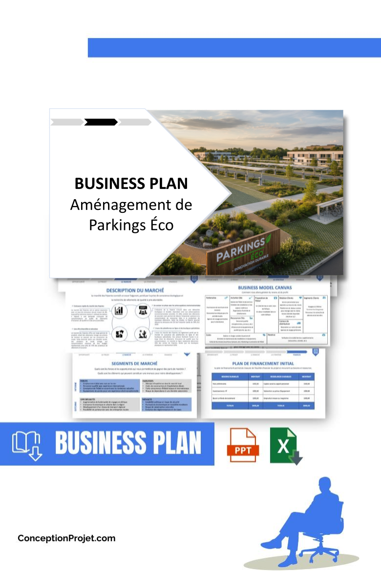 Pack Business Plan pour Aménagement de Parkings Éco - Modèle de business plan professionnel pour Aménagement de Parkings Éco, spécialement conçu pour les entrepreneurs, incluant un prévisionnel financier 100% automatisé, une stratégie marketing intégrée, ainsi qu’une analyse complète (SWOT, Business Model Canvas, étude de marché et analyse des risques). Ce document au design moderne et entièrement personnalisable sous Word est structuré pour répondre aux exigences des banques et des investisseurs, tout en permettant un gain de temps considérable grâce à son contenu pré-rédigé.