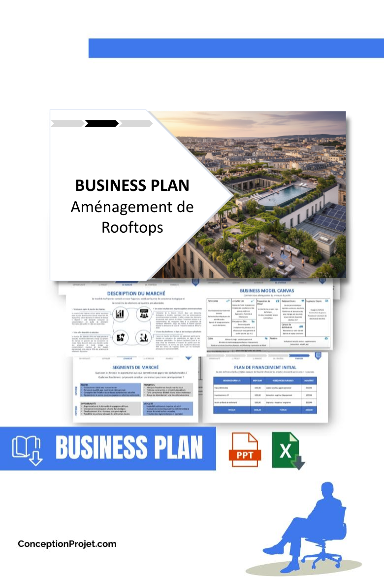 Pack Business Plan pour Aménagement de Rooftops - Modèle de business plan professionnel pour Aménagement de Rooftops, spécialement conçu pour les entrepreneurs, incluant un prévisionnel financier 100% automatisé, une stratégie marketing intégrée, ainsi qu’une analyse complète (SWOT, Business Model Canvas, étude de marché et analyse des risques). Ce document au design moderne et entièrement personnalisable sous Word est structuré pour répondre aux exigences des banques et des investisseurs, tout en permettant un gain de temps considérable grâce à son contenu pré-rédigé.