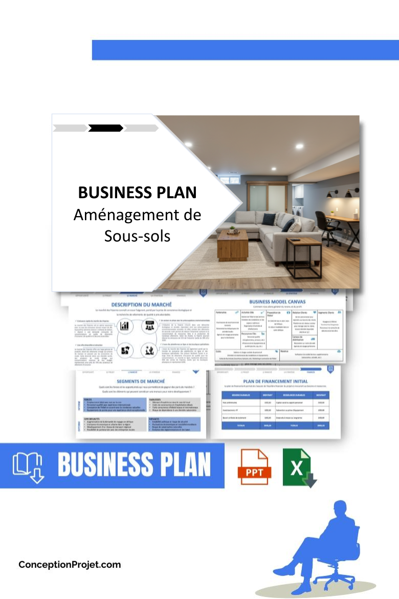 Pack Business Plan Aménagement de Sous-sols 2026 1 Pack Business Plan pour Aménagement de Sous-sols - Modèle de business plan professionnel pour Aménagement de Sous-sols, spécialement conçu pour les entrepreneurs, incluant un prévisionnel financier 100% automatisé, une stratégie marketing intégrée, ainsi qu’une analyse complète (SWOT, Business Model Canvas, étude de marché et analyse des risques). Ce document au design moderne et entièrement personnalisable sous Word est structuré pour répondre aux exigences des banques et des investisseurs, tout en permettant un gain de temps considérable grâce à son contenu pré-rédigé.