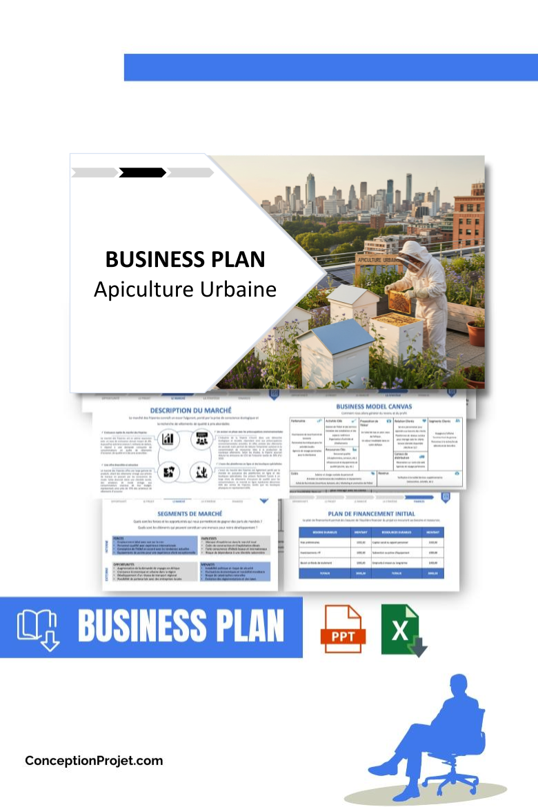 Pack Business Plan pour Apiculture Urbaine - Modèle de business plan professionnel pour Apiculture Urbaine, spécialement conçu pour les entrepreneurs, incluant un prévisionnel financier 100% automatisé, une stratégie marketing intégrée, ainsi qu’une analyse complète (SWOT, Business Model Canvas, étude de marché et analyse des risques). Ce document au design moderne et entièrement personnalisable sous Word est structuré pour répondre aux exigences des banques et des investisseurs, tout en permettant un gain de temps considérable grâce à son contenu pré-rédigé.