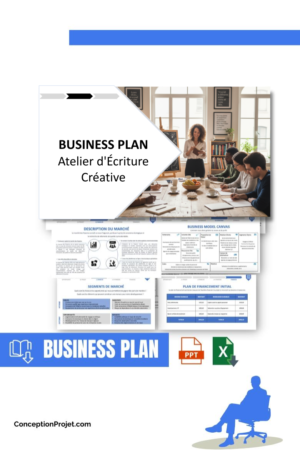 Pack Business Plan pour Atelier d'Écriture Créative - Modèle de business plan professionnel pour Atelier d'Écriture Créative, spécialement conçu pour les entrepreneurs, incluant un prévisionnel financier 100% automatisé, une stratégie marketing intégrée, ainsi qu’une analyse complète (SWOT, Business Model Canvas, étude de marché et analyse des risques). Ce document au design moderne et entièrement personnalisable sous Word est structuré pour répondre aux exigences des banques et des investisseurs, tout en permettant un gain de temps considérable grâce à son contenu pré-rédigé.