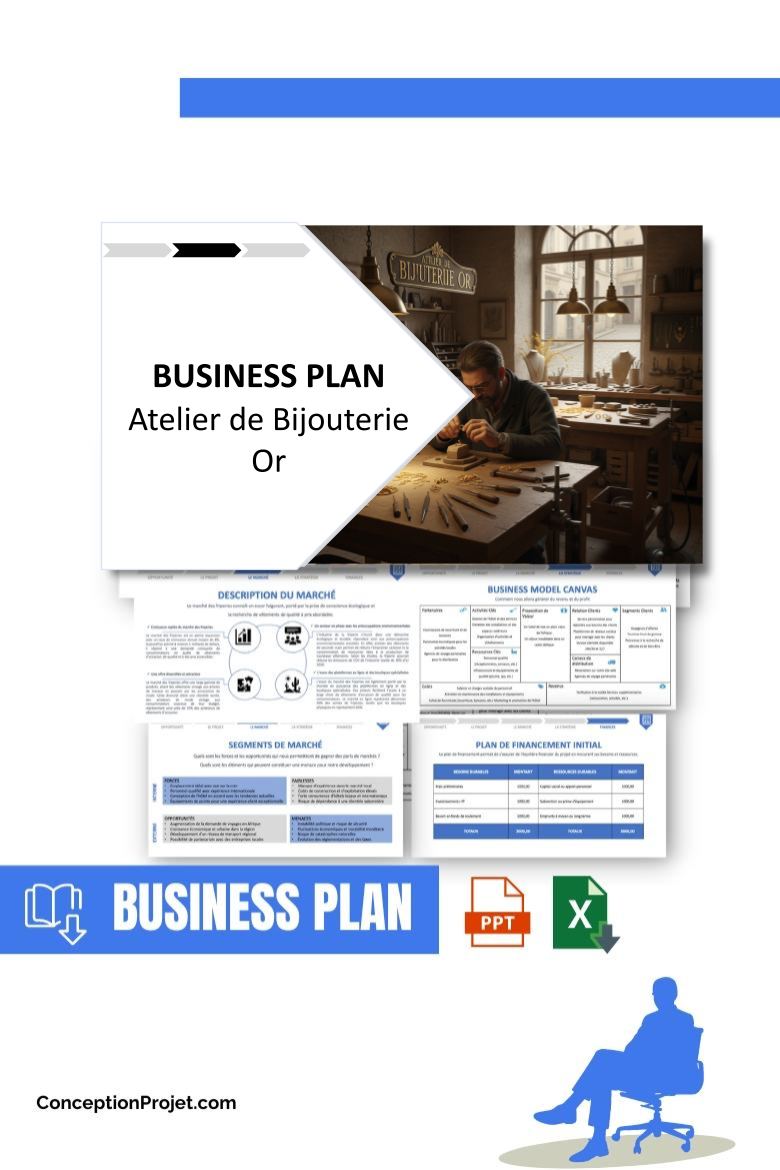 Pack Business Plan pour Atelier de Bijouterie Or - Modèle de business plan professionnel pour Atelier de Bijouterie Or, spécialement conçu pour les entrepreneurs, incluant un prévisionnel financier 100% automatisé, une stratégie marketing intégrée, ainsi qu’une analyse complète (SWOT, Business Model Canvas, étude de marché et analyse des risques). Ce document au design moderne et entièrement personnalisable sous Word est structuré pour répondre aux exigences des banques et des investisseurs, tout en permettant un gain de temps considérable grâce à son contenu pré-rédigé.
