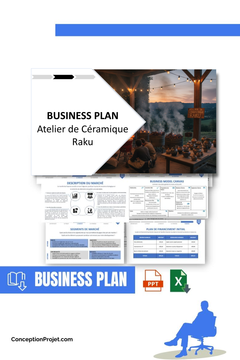 Pack Business Plan pour Atelier de Céramique Raku - Modèle de business plan professionnel pour Atelier de Céramique Raku, spécialement conçu pour les entrepreneurs, incluant un prévisionnel financier 100% automatisé, une stratégie marketing intégrée, ainsi qu’une analyse complète (SWOT, Business Model Canvas, étude de marché et analyse des risques). Ce document au design moderne et entièrement personnalisable sous Word est structuré pour répondre aux exigences des banques et des investisseurs, tout en permettant un gain de temps considérable grâce à son contenu pré-rédigé.