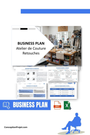 Pack Business Plan pour Atelier de Couture Retouches - Modèle de business plan professionnel pour Atelier de Couture Retouches, spécialement conçu pour les entrepreneurs, incluant un prévisionnel financier 100% automatisé, une stratégie marketing intégrée, ainsi qu’une analyse complète (SWOT, Business Model Canvas, étude de marché et analyse des risques). Ce document au design moderne et entièrement personnalisable sous Word est structuré pour répondre aux exigences des banques et des investisseurs, tout en permettant un gain de temps considérable grâce à son contenu pré-rédigé.