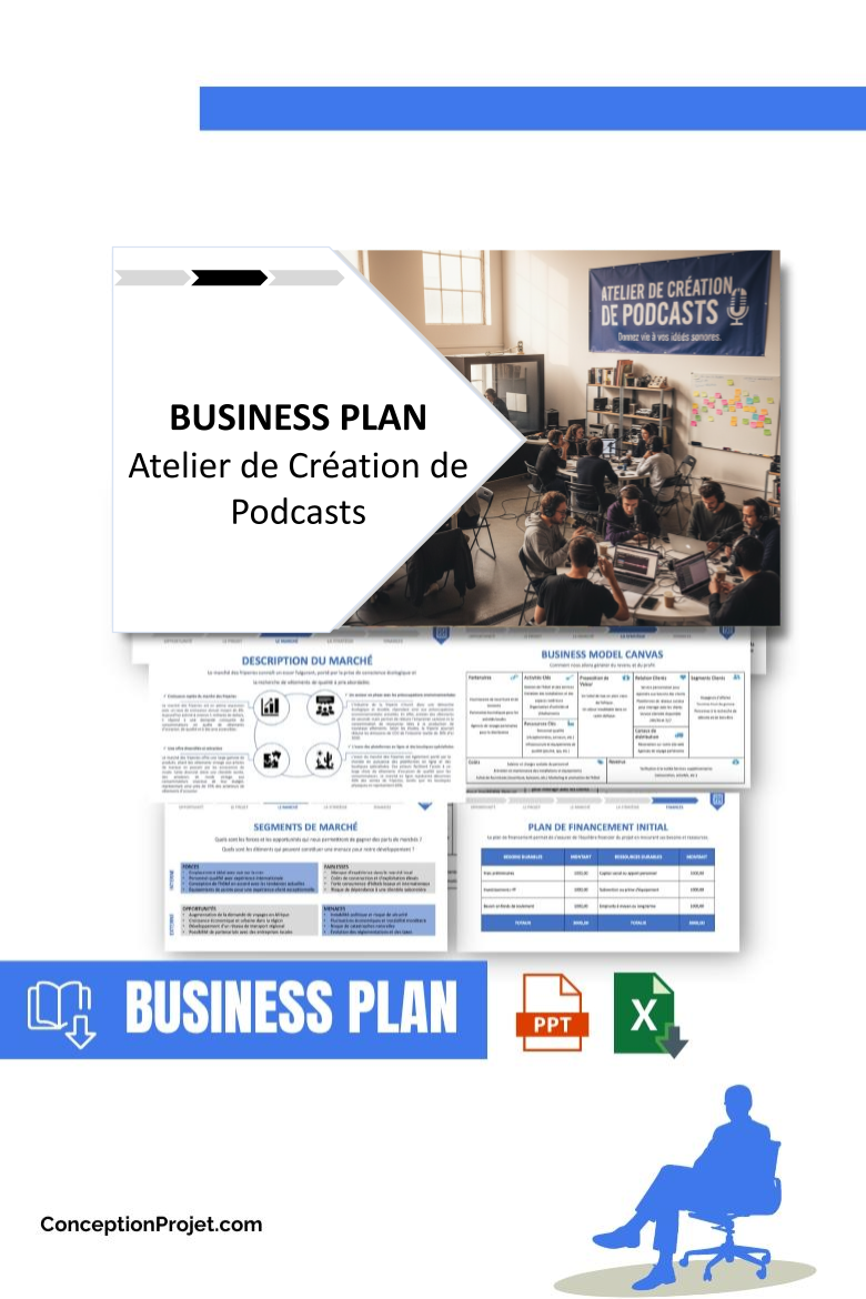 Pack Business Plan Atelier de Création de Podcasts 2026 1 Pack Business Plan pour Atelier de Création de Podcasts - Modèle de business plan professionnel pour Atelier de Création de Podcasts, spécialement conçu pour les entrepreneurs, incluant un prévisionnel financier 100% automatisé, une stratégie marketing intégrée, ainsi qu’une analyse complète (SWOT, Business Model Canvas, étude de marché et analyse des risques). Ce document au design moderne et entièrement personnalisable sous Word est structuré pour répondre aux exigences des banques et des investisseurs, tout en permettant un gain de temps considérable grâce à son contenu pré-rédigé.