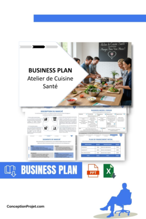 Pack Business Plan pour Atelier de Cuisine Santé - Modèle de business plan professionnel pour Atelier de Cuisine Santé, spécialement conçu pour les entrepreneurs, incluant un prévisionnel financier 100% automatisé, une stratégie marketing intégrée, ainsi qu’une analyse complète (SWOT, Business Model Canvas, étude de marché et analyse des risques). Ce document au design moderne et entièrement personnalisable sous Word est structuré pour répondre aux exigences des banques et des investisseurs, tout en permettant un gain de temps considérable grâce à son contenu pré-rédigé.