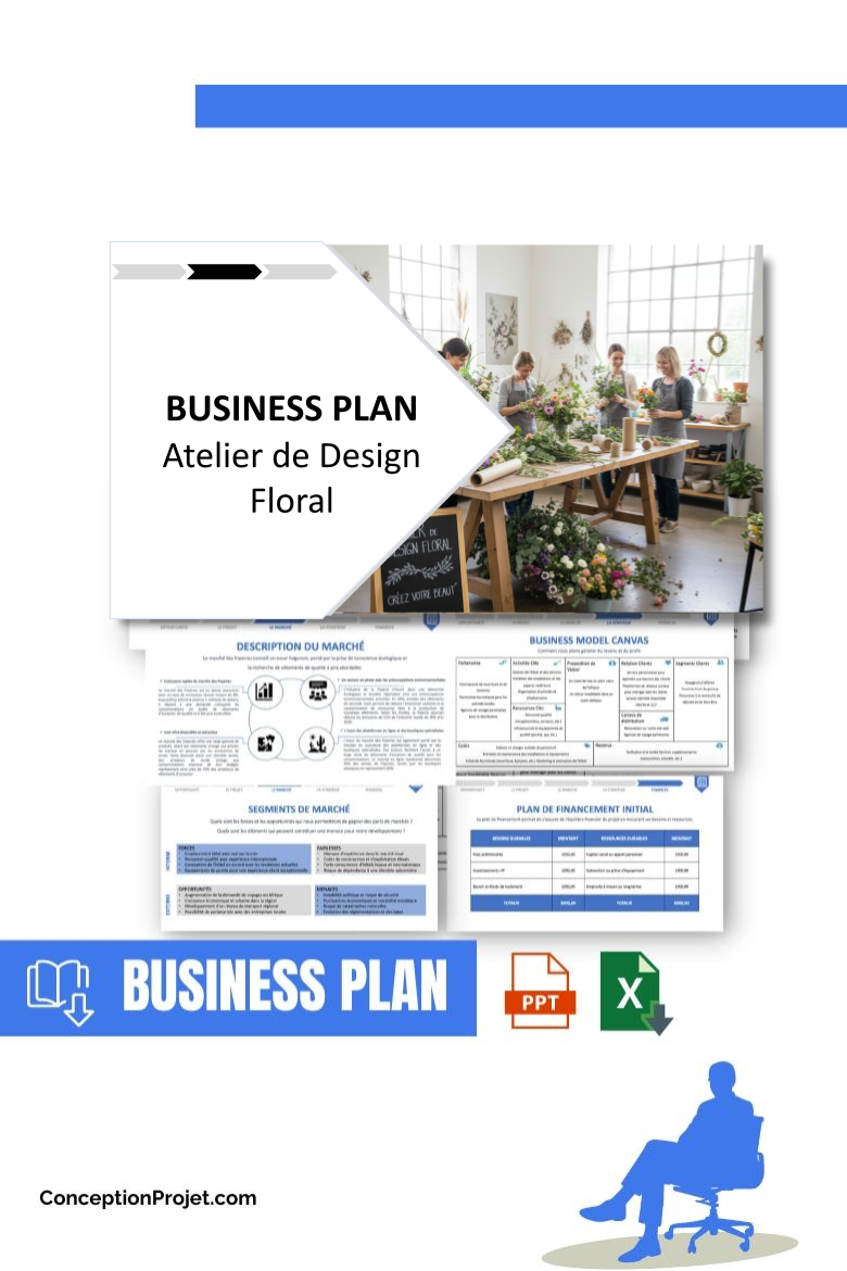 Pack Business Plan pour Atelier de Design Floral - Modèle de business plan professionnel pour Atelier de Design Floral, spécialement conçu pour les entrepreneurs, incluant un prévisionnel financier 100% automatisé, une stratégie marketing intégrée, ainsi qu’une analyse complète (SWOT, Business Model Canvas, étude de marché et analyse des risques). Ce document au design moderne et entièrement personnalisable sous Word est structuré pour répondre aux exigences des banques et des investisseurs, tout en permettant un gain de temps considérable grâce à son contenu pré-rédigé.