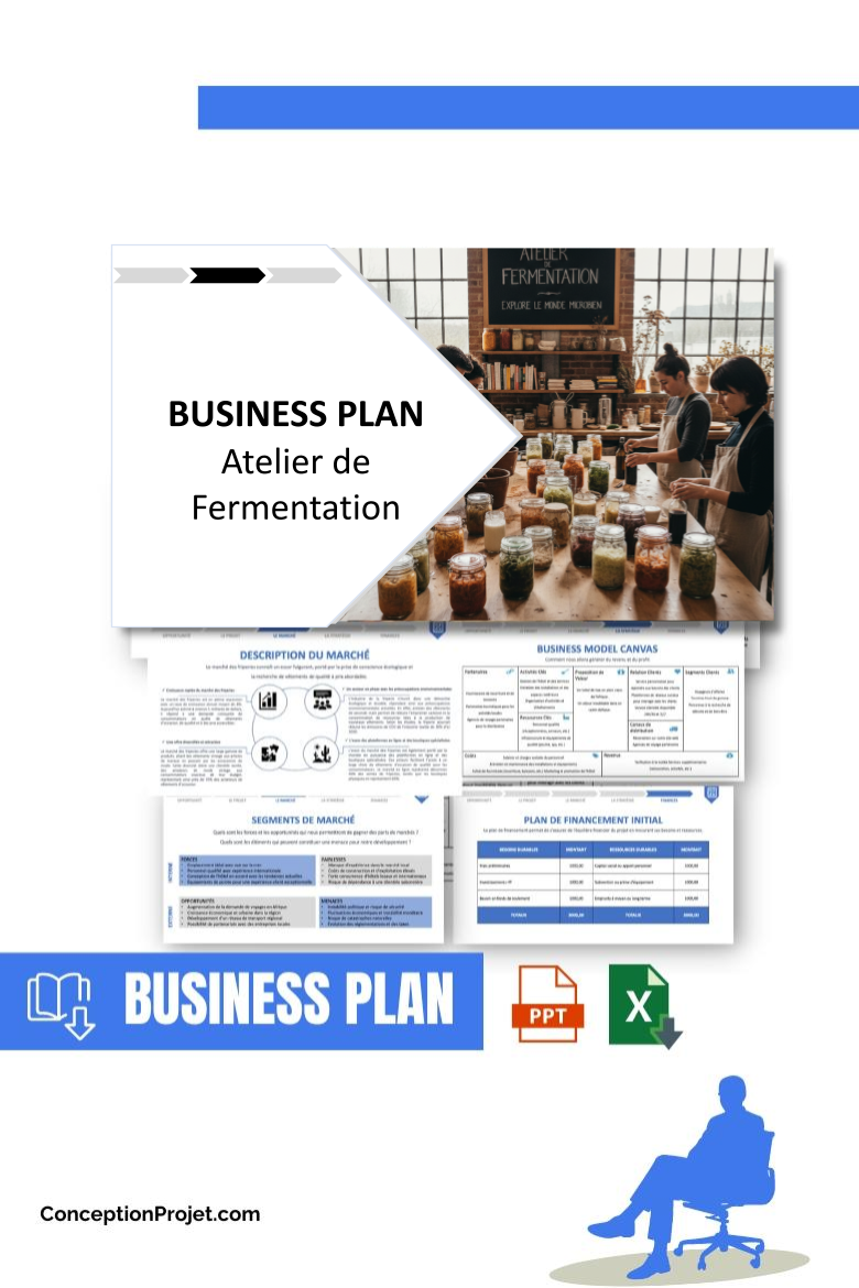 Pack Business Plan pour Atelier de Fermentation - Modèle de business plan professionnel pour Atelier de Fermentation, spécialement conçu pour les entrepreneurs, incluant un prévisionnel financier 100% automatisé, une stratégie marketing intégrée, ainsi qu’une analyse complète (SWOT, Business Model Canvas, étude de marché et analyse des risques). Ce document au design moderne et entièrement personnalisable sous Word est structuré pour répondre aux exigences des banques et des investisseurs, tout en permettant un gain de temps considérable grâce à son contenu pré-rédigé.