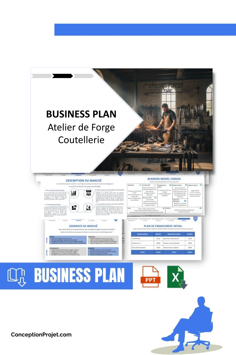 Pack Business Plan pour Atelier de Forge Coutellerie - Modèle de business plan professionnel pour Atelier de Forge Coutellerie, spécialement conçu pour les entrepreneurs, incluant un prévisionnel financier 100% automatisé, une stratégie marketing intégrée, ainsi qu’une analyse complète (SWOT, Business Model Canvas, étude de marché et analyse des risques). Ce document au design moderne et entièrement personnalisable sous Word est structuré pour répondre aux exigences des banques et des investisseurs, tout en permettant un gain de temps considérable grâce à son contenu pré-rédigé.