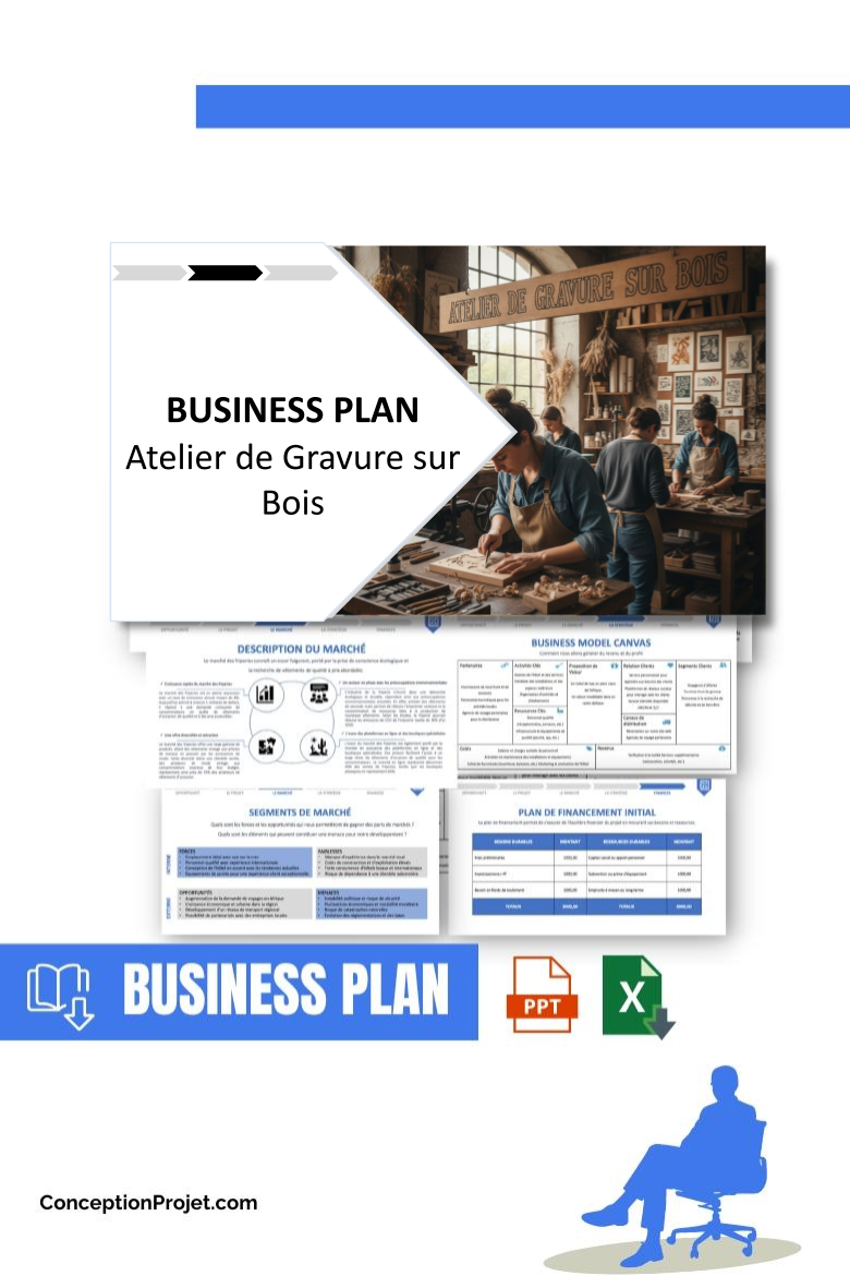 Pack Business Plan pour Atelier de Gravure sur Bois - Modèle de business plan professionnel pour Atelier de Gravure sur Bois, spécialement conçu pour les entrepreneurs, incluant un prévisionnel financier 100% automatisé, une stratégie marketing intégrée, ainsi qu’une analyse complète (SWOT, Business Model Canvas, étude de marché et analyse des risques). Ce document au design moderne et entièrement personnalisable sous Word est structuré pour répondre aux exigences des banques et des investisseurs, tout en permettant un gain de temps considérable grâce à son contenu pré-rédigé.