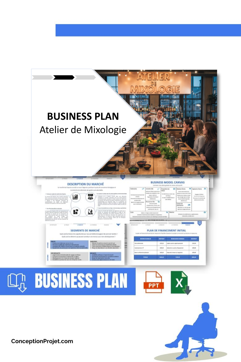 Pack Business Plan pour Atelier de Mixologie - Modèle de business plan professionnel pour Atelier de Mixologie, spécialement conçu pour les entrepreneurs, incluant un prévisionnel financier 100% automatisé, une stratégie marketing intégrée, ainsi qu’une analyse complète (SWOT, Business Model Canvas, étude de marché et analyse des risques). Ce document au design moderne et entièrement personnalisable sous Word est structuré pour répondre aux exigences des banques et des investisseurs, tout en permettant un gain de temps considérable grâce à son contenu pré-rédigé.