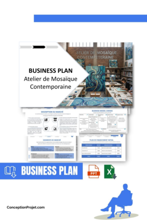 Pack Business Plan pour Atelier de Mosaïque Contemporaine - Modèle de business plan professionnel pour Atelier de Mosaïque Contemporaine, spécialement conçu pour les entrepreneurs, incluant un prévisionnel financier 100% automatisé, une stratégie marketing intégrée, ainsi qu’une analyse complète (SWOT, Business Model Canvas, étude de marché et analyse des risques). Ce document au design moderne et entièrement personnalisable sous Word est structuré pour répondre aux exigences des banques et des investisseurs, tout en permettant un gain de temps considérable grâce à son contenu pré-rédigé.