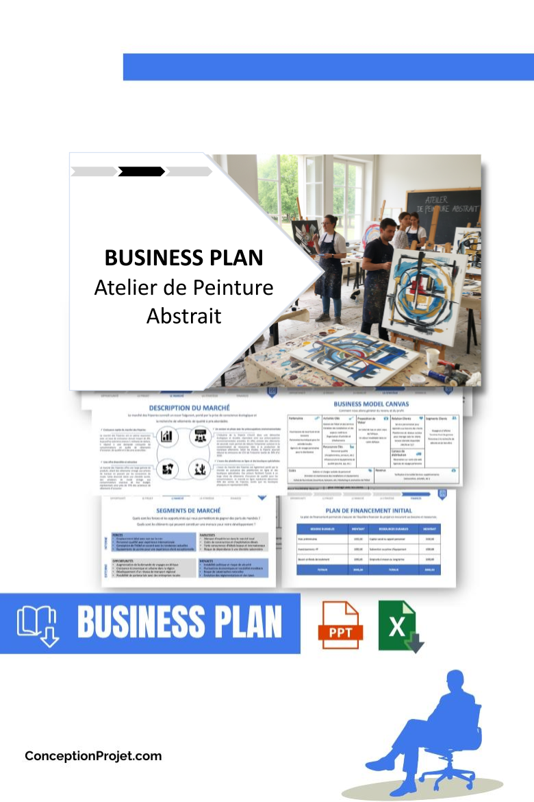 Pack Business Plan pour Atelier de Peinture Abstrait - Modèle de business plan professionnel pour Atelier de Peinture Abstrait, spécialement conçu pour les entrepreneurs, incluant un prévisionnel financier 100% automatisé, une stratégie marketing intégrée, ainsi qu’une analyse complète (SWOT, Business Model Canvas, étude de marché et analyse des risques). Ce document au design moderne et entièrement personnalisable sous Word est structuré pour répondre aux exigences des banques et des investisseurs, tout en permettant un gain de temps considérable grâce à son contenu pré-rédigé.