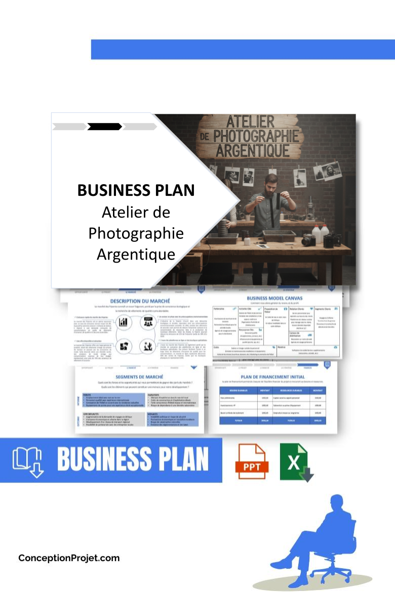 Pack Business Plan pour Atelier de Photographie Argentique - Modèle de business plan professionnel pour Atelier de Photographie Argentique, spécialement conçu pour les entrepreneurs, incluant un prévisionnel financier 100% automatisé, une stratégie marketing intégrée, ainsi qu’une analyse complète (SWOT, Business Model Canvas, étude de marché et analyse des risques). Ce document au design moderne et entièrement personnalisable sous Word est structuré pour répondre aux exigences des banques et des investisseurs, tout en permettant un gain de temps considérable grâce à son contenu pré-rédigé.