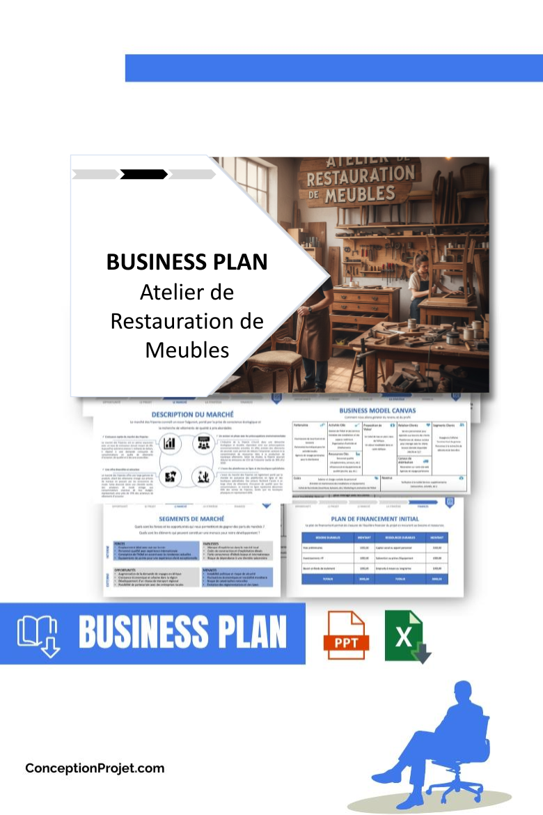 Pack Business Plan pour Atelier de Restauration de Meubles - Modèle de business plan professionnel pour Atelier de Restauration de Meubles, spécialement conçu pour les entrepreneurs, incluant un prévisionnel financier 100% automatisé, une stratégie marketing intégrée, ainsi qu’une analyse complète (SWOT, Business Model Canvas, étude de marché et analyse des risques). Ce document au design moderne et entièrement personnalisable sous Word est structuré pour répondre aux exigences des banques et des investisseurs, tout en permettant un gain de temps considérable grâce à son contenu pré-rédigé.