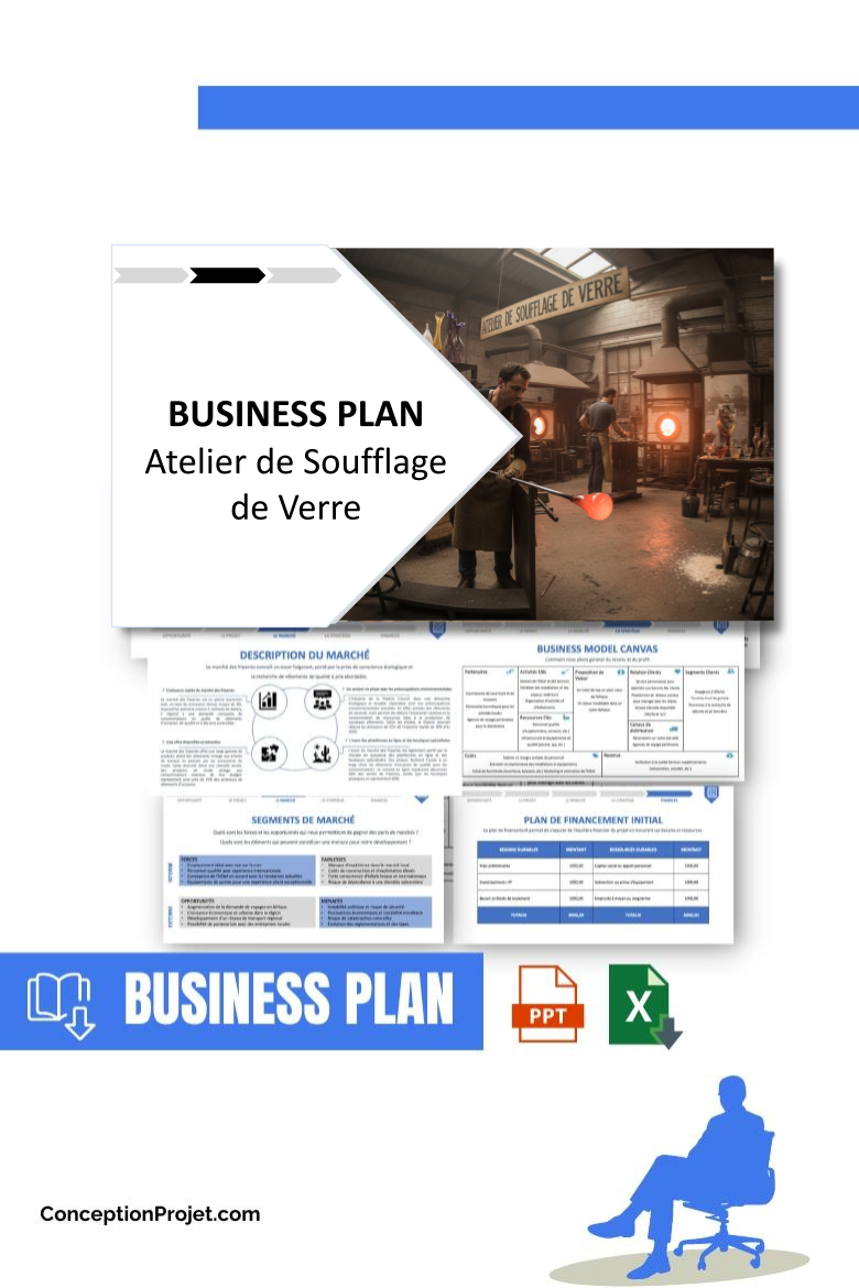 Pack Business Plan pour Atelier de Soufflage de Verre - Modèle de business plan professionnel pour Atelier de Soufflage de Verre, spécialement conçu pour les entrepreneurs, incluant un prévisionnel financier 100% automatisé, une stratégie marketing intégrée, ainsi qu’une analyse complète (SWOT, Business Model Canvas, étude de marché et analyse des risques). Ce document au design moderne et entièrement personnalisable sous Word est structuré pour répondre aux exigences des banques et des investisseurs, tout en permettant un gain de temps considérable grâce à son contenu pré-rédigé.