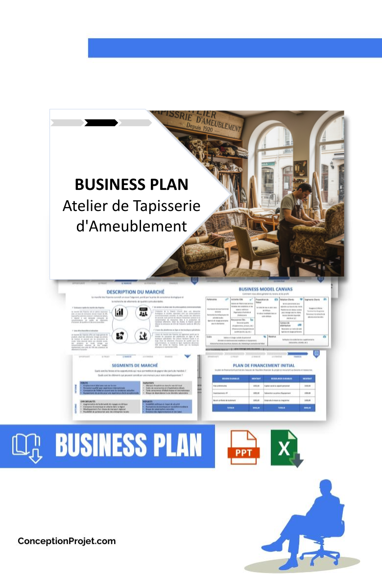 Pack Business Plan pour Atelier de Tapisserie d'Ameublement - Modèle de business plan professionnel pour Atelier de Tapisserie d'Ameublement, spécialement conçu pour les entrepreneurs, incluant un prévisionnel financier 100% automatisé, une stratégie marketing intégrée, ainsi qu’une analyse complète (SWOT, Business Model Canvas, étude de marché et analyse des risques). Ce document au design moderne et entièrement personnalisable sous Word est structuré pour répondre aux exigences des banques et des investisseurs, tout en permettant un gain de temps considérable grâce à son contenu pré-rédigé.