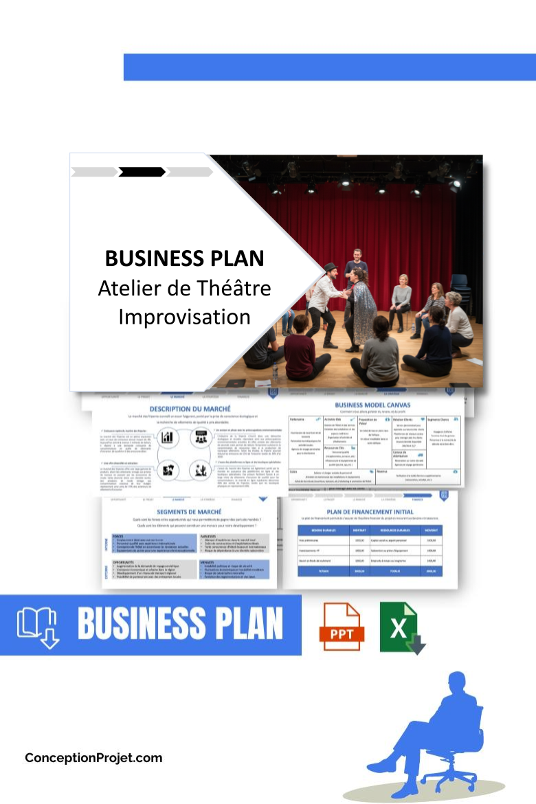 Pack Business Plan pour Atelier de Théâtre Improvisation - Modèle de business plan professionnel pour Atelier de Théâtre Improvisation, spécialement conçu pour les entrepreneurs, incluant un prévisionnel financier 100% automatisé, une stratégie marketing intégrée, ainsi qu’une analyse complète (SWOT, Business Model Canvas, étude de marché et analyse des risques). Ce document au design moderne et entièrement personnalisable sous Word est structuré pour répondre aux exigences des banques et des investisseurs, tout en permettant un gain de temps considérable grâce à son contenu pré-rédigé.