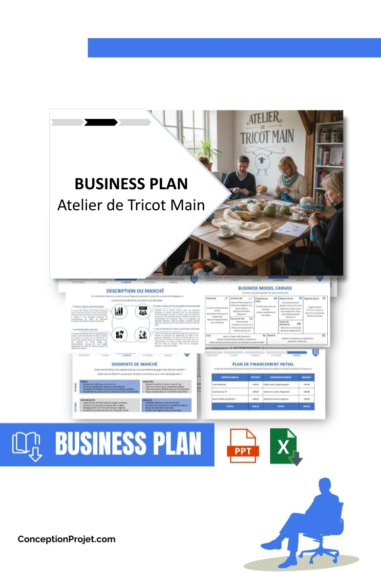 Pack Business Plan pour Atelier de Tricot Main - Modèle de business plan professionnel pour Atelier de Tricot Main, spécialement conçu pour les entrepreneurs, incluant un prévisionnel financier 100% automatisé, une stratégie marketing intégrée, ainsi qu’une analyse complète (SWOT, Business Model Canvas, étude de marché et analyse des risques). Ce document au design moderne et entièrement personnalisable sous Word est structuré pour répondre aux exigences des banques et des investisseurs, tout en permettant un gain de temps considérable grâce à son contenu pré-rédigé.