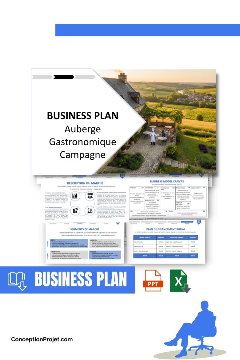 Pack Business Plan pour Auberge Gastronomique Campagne - Modèle de business plan professionnel pour Auberge Gastronomique Campagne, spécialement conçu pour les entrepreneurs, incluant un prévisionnel financier 100% automatisé, une stratégie marketing intégrée, ainsi qu’une analyse complète (SWOT, Business Model Canvas, étude de marché et analyse des risques). Ce document au design moderne et entièrement personnalisable sous Word est structuré pour répondre aux exigences des banques et des investisseurs, tout en permettant un gain de temps considérable grâce à son contenu pré-rédigé.