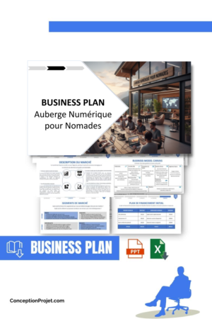 Accueil 5 Pack Business Plan pour Auberge Numérique pour Nomades - Modèle de business plan professionnel pour Auberge Numérique pour Nomades, spécialement conçu pour les entrepreneurs, incluant un prévisionnel financier 100% automatisé, une stratégie marketing intégrée, ainsi qu’une analyse complète (SWOT, Business Model Canvas, étude de marché et analyse des risques). Ce document au design moderne et entièrement personnalisable sous Word est structuré pour répondre aux exigences des banques et des investisseurs, tout en permettant un gain de temps considérable grâce à son contenu pré-rédigé.