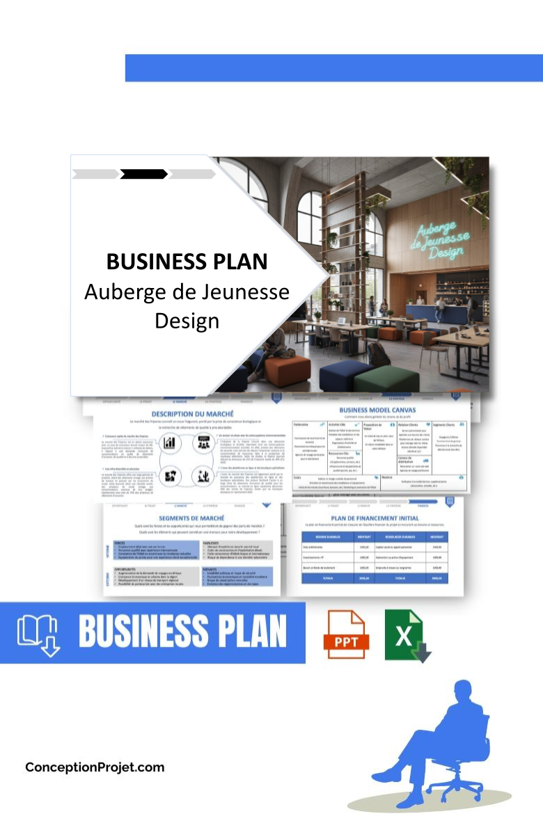 Pack Business Plan pour Auberge de Jeunesse Design - Modèle de business plan professionnel pour Auberge de Jeunesse Design, spécialement conçu pour les entrepreneurs, incluant un prévisionnel financier 100% automatisé, une stratégie marketing intégrée, ainsi qu’une analyse complète (SWOT, Business Model Canvas, étude de marché et analyse des risques). Ce document au design moderne et entièrement personnalisable sous Word est structuré pour répondre aux exigences des banques et des investisseurs, tout en permettant un gain de temps considérable grâce à son contenu pré-rédigé.