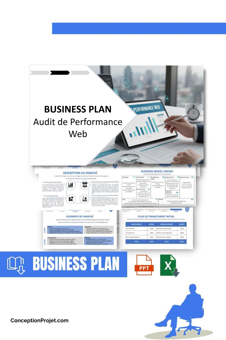 Pack Business Plan pour Audit de Performance Web - Modèle de business plan professionnel pour Audit de Performance Web, spécialement conçu pour les entrepreneurs, incluant un prévisionnel financier 100% automatisé, une stratégie marketing intégrée, ainsi qu’une analyse complète (SWOT, Business Model Canvas, étude de marché et analyse des risques). Ce document au design moderne et entièrement personnalisable sous Word est structuré pour répondre aux exigences des banques et des investisseurs, tout en permettant un gain de temps considérable grâce à son contenu pré-rédigé.