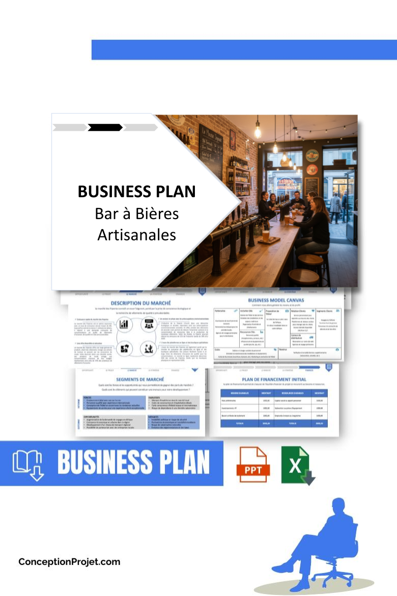 Pack Business Plan pour Bar à Bières Artisanales - Modèle de business plan professionnel pour Bar à Bières Artisanales, spécialement conçu pour les entrepreneurs, incluant un prévisionnel financier 100% automatisé, une stratégie marketing intégrée, ainsi qu’une analyse complète (SWOT, Business Model Canvas, étude de marché et analyse des risques). Ce document au design moderne et entièrement personnalisable sous Word est structuré pour répondre aux exigences des banques et des investisseurs, tout en permettant un gain de temps considérable grâce à son contenu pré-rédigé.