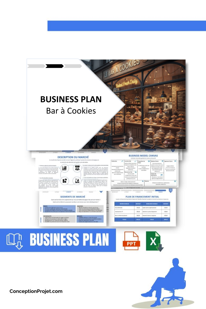 Pack Business Plan pour Bar à Cookies - Modèle de business plan professionnel pour Bar à Cookies, spécialement conçu pour les entrepreneurs, incluant un prévisionnel financier 100% automatisé, une stratégie marketing intégrée, ainsi qu’une analyse complète (SWOT, Business Model Canvas, étude de marché et analyse des risques). Ce document au design moderne et entièrement personnalisable sous Word est structuré pour répondre aux exigences des banques et des investisseurs, tout en permettant un gain de temps considérable grâce à son contenu pré-rédigé.