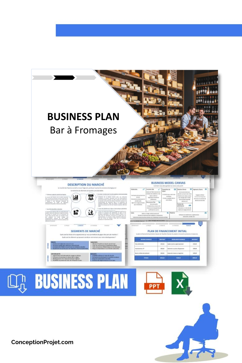 Pack Business Plan pour Bar à Fromages - Modèle de business plan professionnel pour Bar à Fromages, spécialement conçu pour les entrepreneurs, incluant un prévisionnel financier 100% automatisé, une stratégie marketing intégrée, ainsi qu’une analyse complète (SWOT, Business Model Canvas, étude de marché et analyse des risques). Ce document au design moderne et entièrement personnalisable sous Word est structuré pour répondre aux exigences des banques et des investisseurs, tout en permettant un gain de temps considérable grâce à son contenu pré-rédigé.