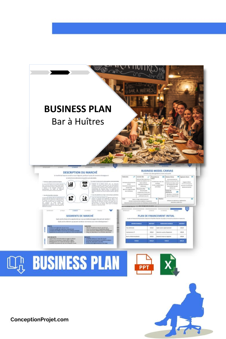 Pack Business Plan pour Bar à Huîtres - Modèle de business plan professionnel pour Bar à Huîtres, spécialement conçu pour les entrepreneurs, incluant un prévisionnel financier 100% automatisé, une stratégie marketing intégrée, ainsi qu’une analyse complète (SWOT, Business Model Canvas, étude de marché et analyse des risques). Ce document au design moderne et entièrement personnalisable sous Word est structuré pour répondre aux exigences des banques et des investisseurs, tout en permettant un gain de temps considérable grâce à son contenu pré-rédigé.