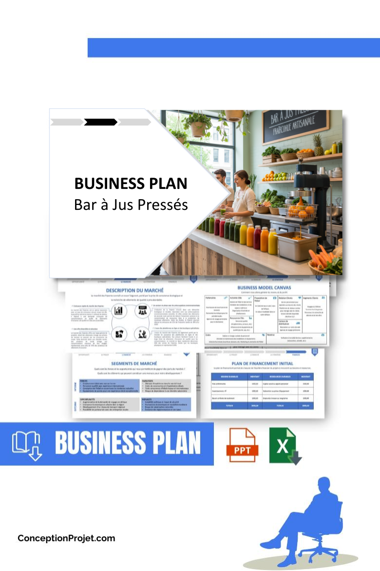 Pack Business Plan pour Bar à Jus Pressés - Modèle de business plan professionnel pour Bar à Jus Pressés, spécialement conçu pour les entrepreneurs, incluant un prévisionnel financier 100% automatisé, une stratégie marketing intégrée, ainsi qu’une analyse complète (SWOT, Business Model Canvas, étude de marché et analyse des risques). Ce document au design moderne et entièrement personnalisable sous Word est structuré pour répondre aux exigences des banques et des investisseurs, tout en permettant un gain de temps considérable grâce à son contenu pré-rédigé.